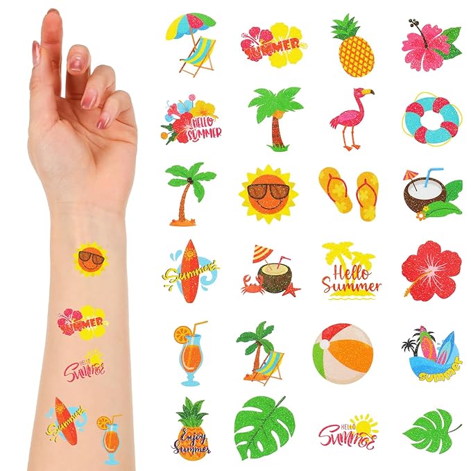 Landhoow 240 Pcs Summer Hawaiian Tattoos Temporary Glitter Face Tattoos Cool Body Sticker Costume Accessory Tattoos Party Favor