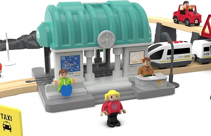 Train Station for Wooden Tracks, Train Accessories Tunnel with Sounds/Lights for Kids, Trains Toys for Motorized Cars for Railway System Compatible with Thomas & Friends, Brio, Chuggington