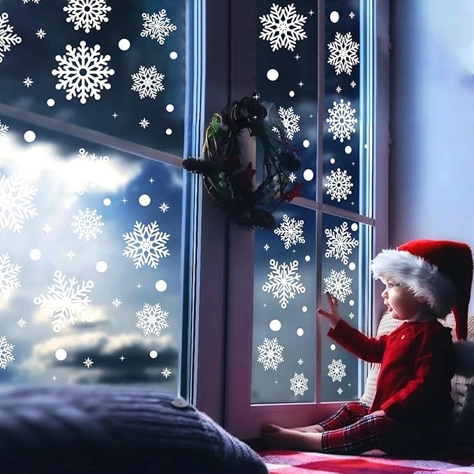 Christmas Window Static Cling Sticker, Snowflake Stickers Christmas Decorations, Waterproof Double-Sided Printed Xmas Window Clings Decals, Winter Stickers for Windows/Mirror/Fridge 3sheets