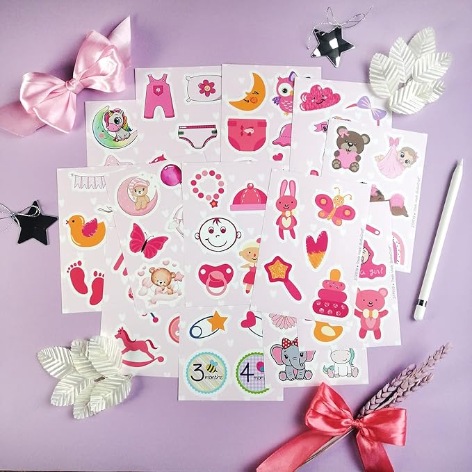 BulbaCraft Baby Girl Stickers, 100Pcs Multicolor Vinyl Decals, Waterproof, Reusable, Multipurpose for Scrapbooking and Party Decor, Newborn, Baby Shower Favors for Girls, Baby Girl Month Stickers