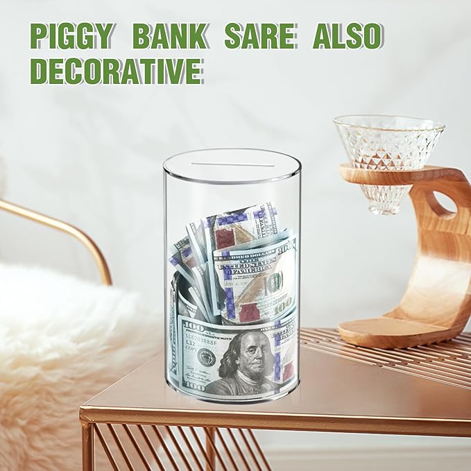 Clear Piggy Bank for Adults/Kids, Acrylic Unopenable Money Box for Cash Coin Saving, Must Break to Open, Money Saving Jar for Adults Boys Girls, Size 6" H x 4" Diameter