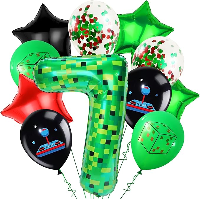 40in TNT Pixel Number 7 Balloon Birthday Decorations, Miner Theme Green Foil Balloons Blast Gaming Party Supplies