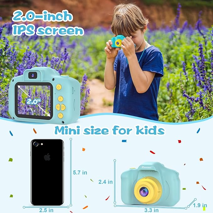 PROGRACE Kids Camera with 32GB SD Card, HD Digital Video Camera for Toddlers, IPS HD Screen, Birthday for Boys and Girls Ages 3-12 – Blue