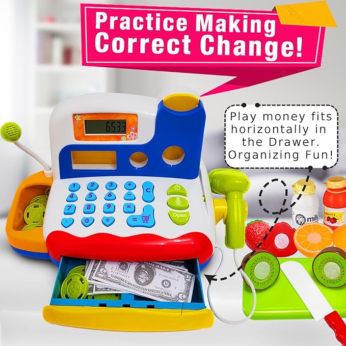 FUNERICA Toy Cash Register - with Large Interactive Coins Great for Toddlers - Scanner, Microphone, Calculator. Includes Grocery Food, Cuttable Fruit, Pretend Play Money - for Toddlers and Kids