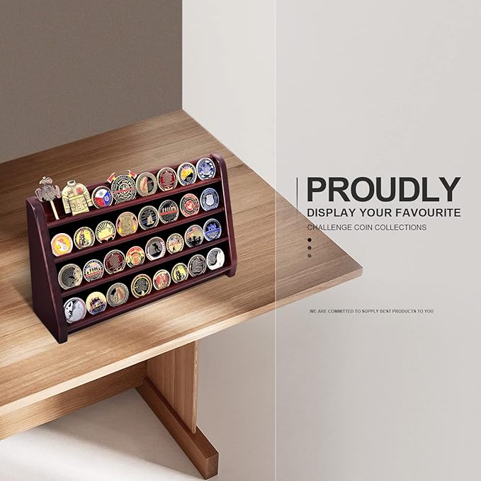 4 Rows Military Wooden Challenge Coin Display Case - Wall Mountable Army Holder Stand Rack, Holds 32 Coins, Mahogany