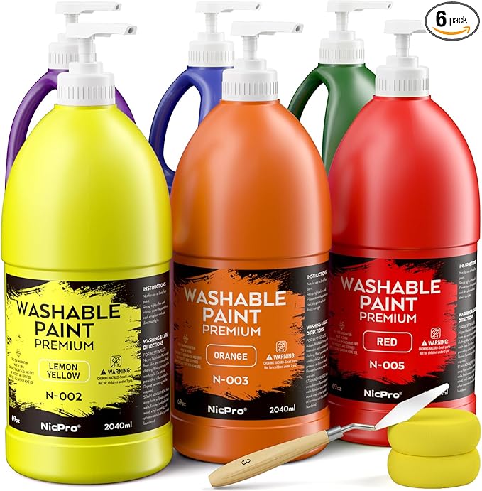 Nicpro 6 Colors Large Washable Paint Set (69 oz, 2040ml), Acrylic Bulk Paint Supplies Non Toxic Children Tempera Paint for Art, Craft DIY, Poster & Finger Paint, School, Home,Classroom