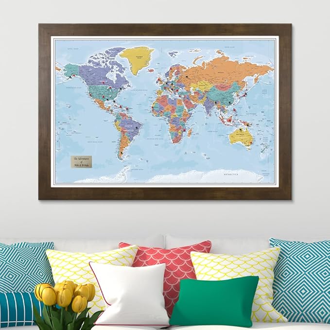 Push Pin Travel Maps - Customizable Blue Oceans World with Rustic Brown Frame- 27.5" x 39.5" - 8 Handcrafted Frame Options - Made in USA - Ideal for Adventurous Travelers
