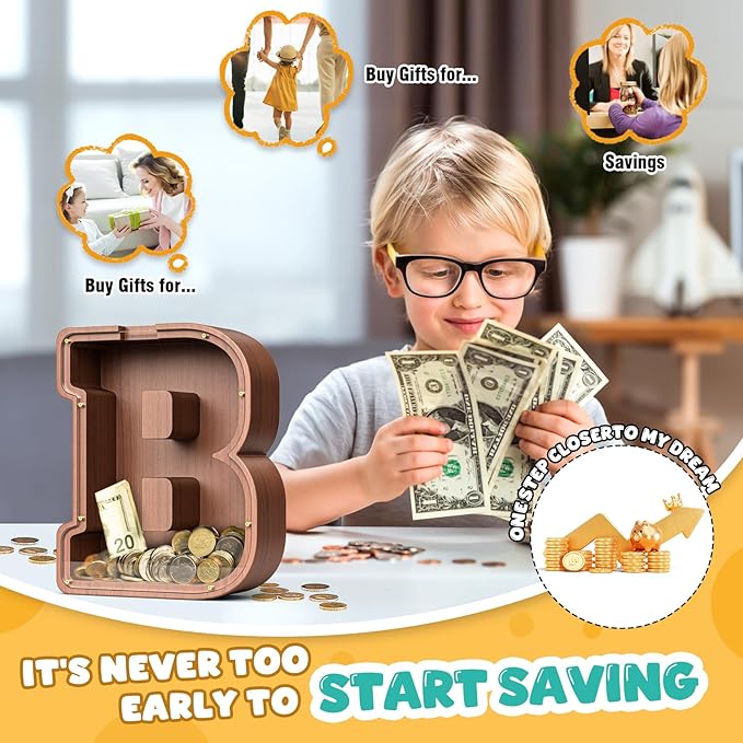 Summidate Wooden Letter Piggy Bank, Extra Thick Large Capacity Piggy Bank for Kids Boys Girls Toddler, Alphabet B Money Bank| Coin Box Birthday, Christmas, Festival