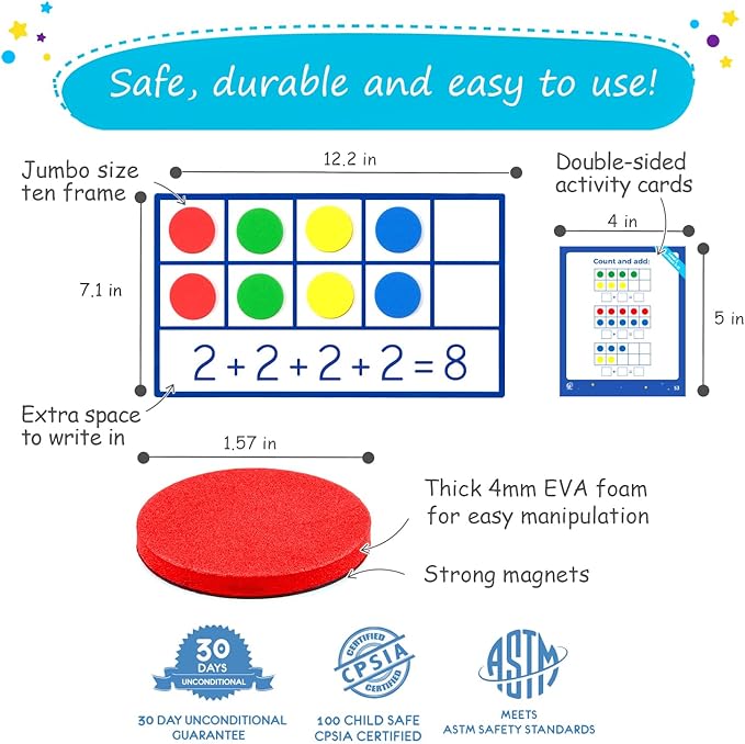 130 PCS Jumbo Magnetic Ten Frame Set, Ten Frames Class Set, Math Manipulatives for Kindergarten, PreK, Preschool, Math Counters, Games for Kids, Magnetic Counters, Teacher and Homeschool Supplies