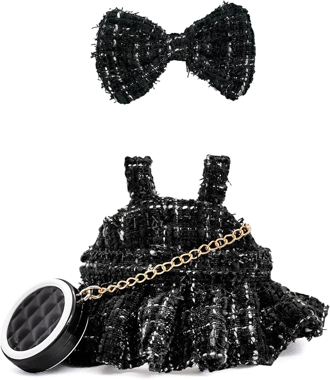 Doll Clothes for 17cm Dolls, Premium Handmade with Luxury Chic Style Set 3 Piece Set Including a Dress, Black Bag and Bow, High-End Dolls Accessories for Play & Display for Play & Display