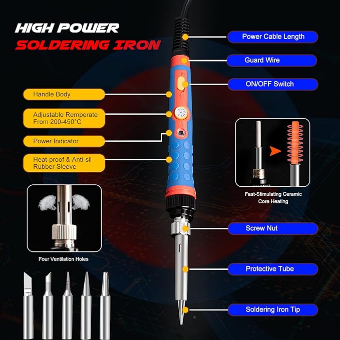 Soldering Iron Kit, 60W 110V Soldering Welding Kit with Ceramic Heater, 10 in 1 Adjustable Temperature Welding Tools, Solder Irons Pen for Metal, Jewelry, Electric Repairing, DIY