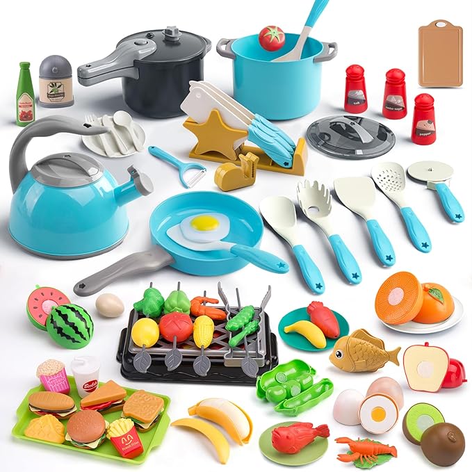 105Pcs Kids Kitchen Toy Accessories, Toddler Pretend BBQ Camping Cooking Playset, Play Pots, Pans, Utensils Cookware Toys, Play Food Set, Vegetables, Learning Gift for Girls Boys (Turquoise)