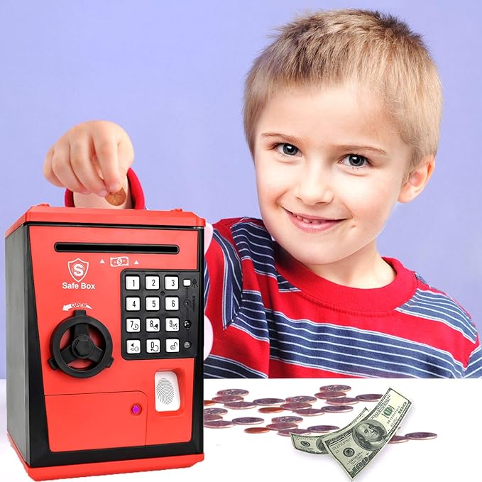 Toy Safe Box, Electronic ATM Piggy Bank, Money Coin Savings Bank, Finger Print Scanner Lock, Great Gift for Children Kids (Red/Black)