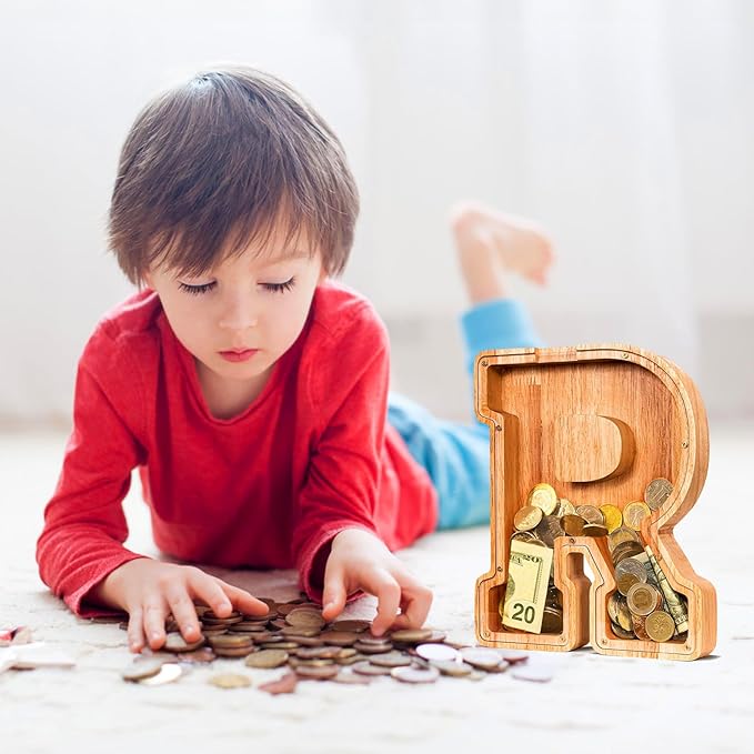 SummiDate Wooden Letter Piggy Bank| Piggy Bank for Boys Girls Toddler| Alphabet R Money Bank| Coin Bank Birthday Gift for Kids|Birthday Gift for Kids (R)