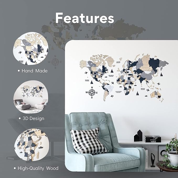 Wooden World Map 3D Art Large Wall Decor - Size (M, L, XL) Any Occasion Gift Idea - Wall Art For Home, Kitchen or Office (M, ALASKA)