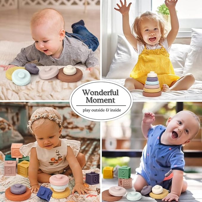 Tudou 6 PCS Baby Girl Stacking & Nesting Toys, Soft Stacking Blocks Ring Stacker, Baby Sensory Teethers with Letter, Animal and Shape, Early Learning Toys for Babies & Toddlers 6 Months