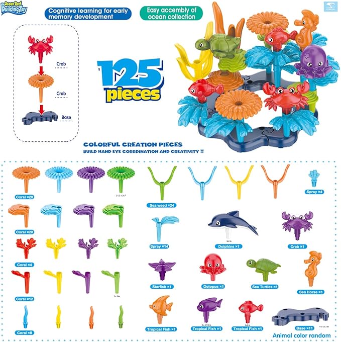Ocean Reef 125 pcs Building Toy Set for Toddlers and Kids Age 3, 4, 5, 6 Year Old Boys and Girls Stacking Reef Garden Building Toy STEM (125 pcs)