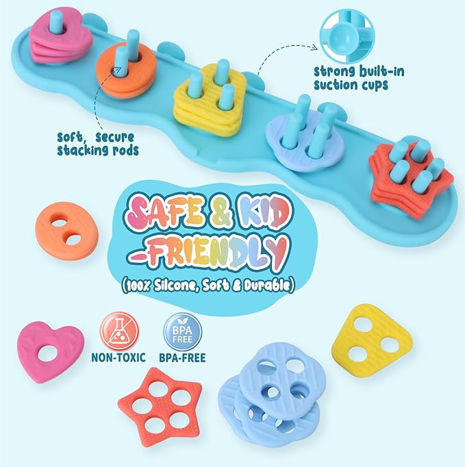 Baby Bath Toys, Mold Free Silcone Shape Sorting & Stacking Bath Toy Set with 20 Textured Floating Pieces, No Hole Design, Silicone Color & Shape Sorter for Toddler Early Learning Bathtub Fun