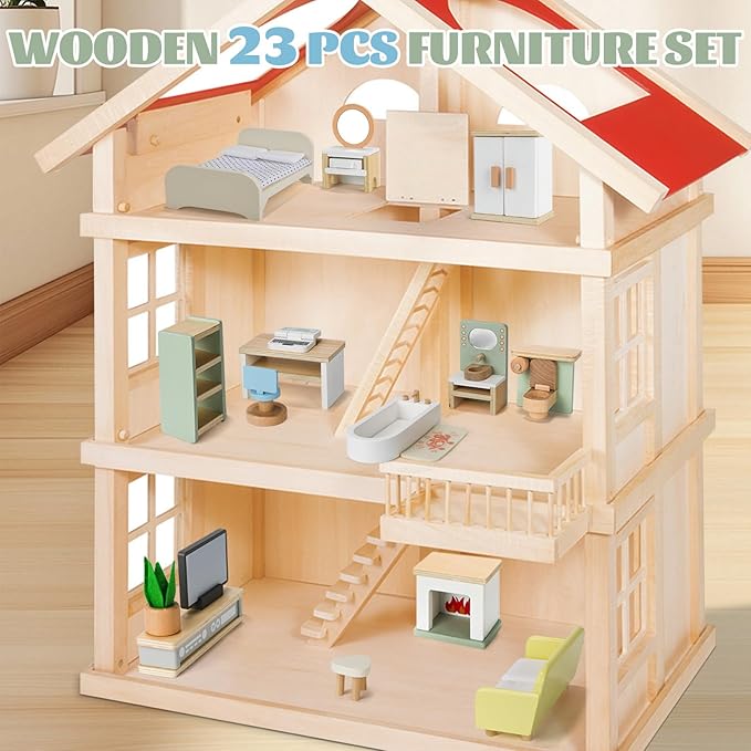 23PCS Wooden Dollhouse Furniture Set for 5 Rooms, Miniature Doll House Accessories & Furniture Toys for Toddlers, Indoor Scenes Pretend Play Toy for Kids 3+