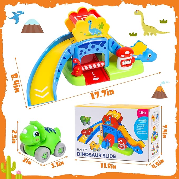 YGJT Toddler Toys for 1-3 Year Old Boys and Girls, Dinosaur Slide with 4 Dino Cars Montessori Toys Set for Baby 12-18 Months, Educational First Birthday Gifts Learning Push Track for Children Ages 1-3