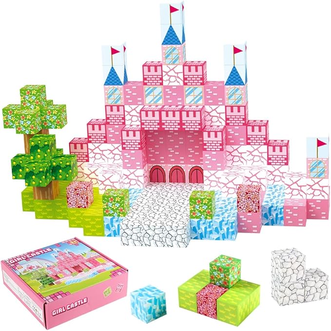 128PCS Magnetic Blocks Building Toys - 1" Magnet Cubes Tiles for Girls, Magnetic Tiles Building Blocks, Stacking Magnets Sensory STEM Toys Cultivate Innovation, Build Princess Castle Birthday Gift