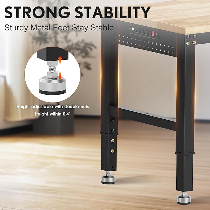 96”L-Shaped Heavy Duty Work Bench, Heights Adjustable Workbench, 5000 LBS Load Capacity, Work Benches for Garage with Power Outlet & Pegboard, Rubber Wood Work Table for Office, Workshop, Home