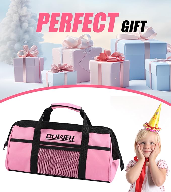 DOWELL 14 Pieces Kids Real Tools Pink Tool Set，Tool Kit with Storage Bag for Boys, Girls, Children DIY Building and Woodworking, Age 8+