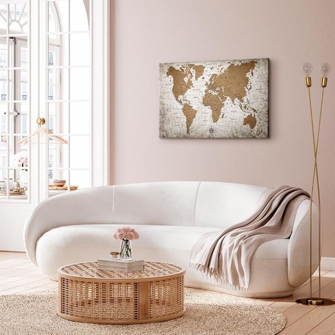 artgeist Canvas Wall Art Print World Map 35x24 in - 1pcs Home Decor Framed Stretched Picture Photo Painting Artwork Image Abstract World Map Vintage Continents k-C-10001-b-a