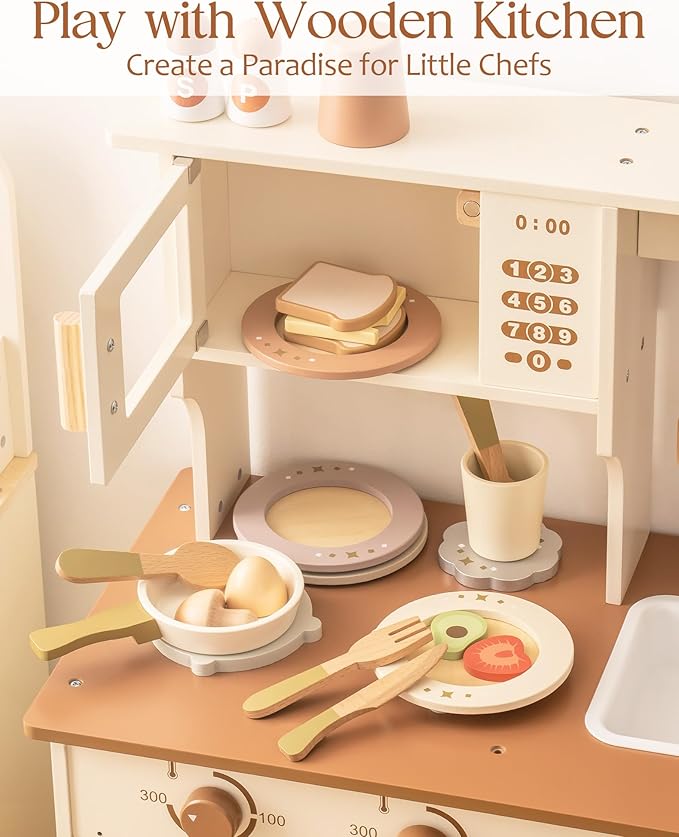 ROBOTIME Play Kitchen Dishes Set, 29PCS Wooden Toddler Plates and Dishes for Boys Girls Gifts