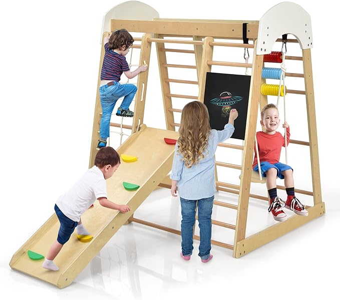 Costzon Indoor Jungle Gym, 8-in-1 Montessori Beech Wood Climbing Toys for Toddlers w/Double-Sided Slide, Climbing Rock/Net, Indoor Playground Climber Playset for Kids 3+ Years Birthday