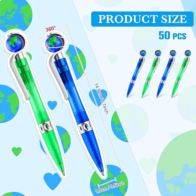 Teling 50 Pcs Earth Retractable Cute Globe Pens Bulk 1.0 mm Tellurion Shape Earth Day Black Ink World Ballpoint Pens for Adults Accessories Office Decoration Supplies