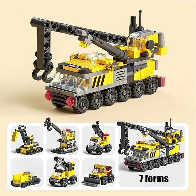 Rescue Construction Truck Building Blocks Set - 7 in 1 Engineering Vehicle Toy with Rotating Crane Arm, Rolling Wheels | STEM Educational Gift for Kids Ages 6-12 | Fire Truck & Emergency Playset