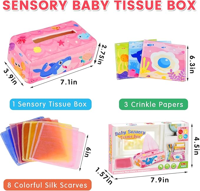 Aiduy Baby Tissue Box Toy - Baby Girl Toys Montessori Toys for Babies 6-12 Months - Soft Stuffed High Contrast Crinkle Infant Sensory Toy 6 7 8 9 10 11 12 Months Old Gifts Pink