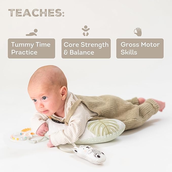 Taf Toys Ergonomic Tummy Time Cushion with Teether and Rattle - Soft and Supportive Baby Cushion for Enhanced Motor Skills Development
