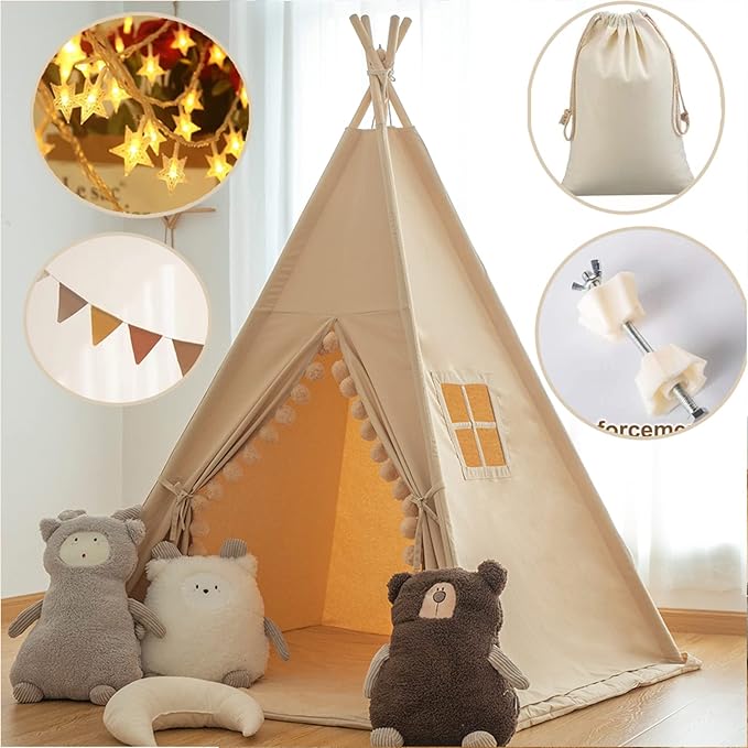 Teepee for Kids Tent Indoor with Floor Mat,Carry Bag,Banner,Play Cottage with Star Light, Cotton Canvas Kids Teepee Tent for Girls & Boys, Pompom Ball Design, Foldable Teepee Tent
