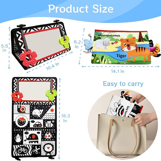 Tummy Time Mirror Newborn Toys: Black and White Infant Tummy Time Toys 0-3 0-6 6-12 Months Babies High Contrast Baby Toy with Baby Book & Teethers Montessori Sensory Floor Toy for Boy Girl Baby Gifts