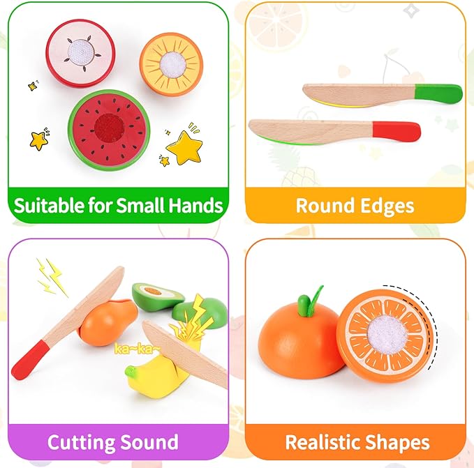 ATOYUS Wooden Play Food Set Toys for Toddlers 1-3, Kids Toy Play Kitchen Accessories, Cutting Fruits Pretend Food with Storage Boxes, Christmas Birthday Gifts for 1 2 3 Year Old Baby Boys Girls