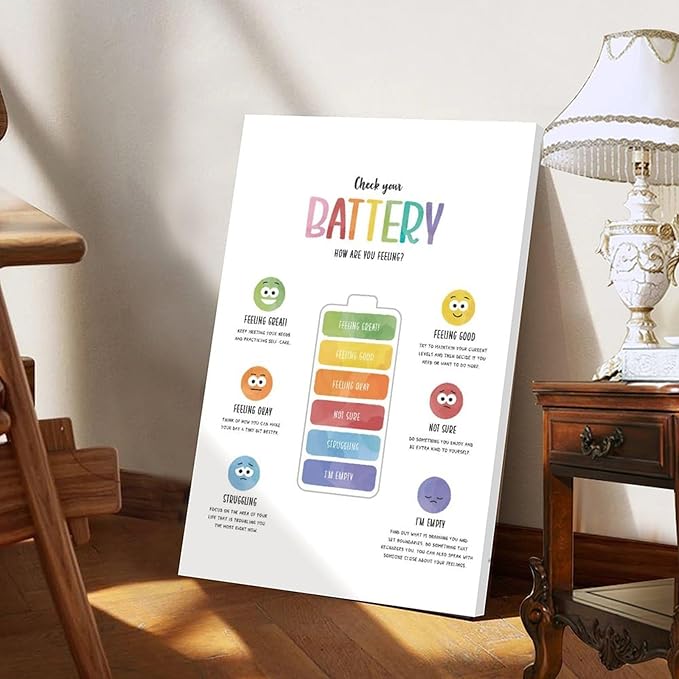 BFXLMKI Check Your Battery Poster, Zones of Regulation Print, Counsellor Office Decor, Calm Corner, Emotions Regulation, Kids Feelings Chart Frame-style 16x24inch(40x60cm)