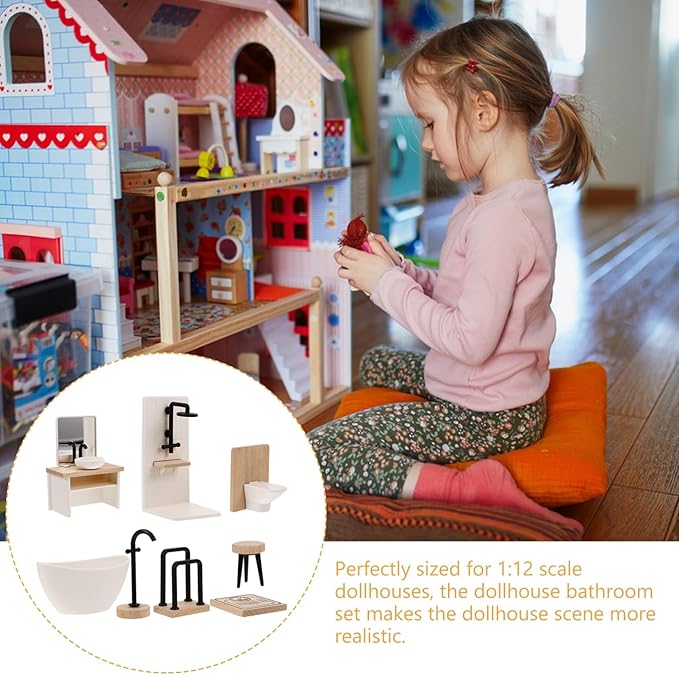 NUOBESTY Dollhouse Bathroom Set, 1 12 Scale Dollhouse Furniture 8pcs Miniature Doll House Bathroom Accessories with Mini Bathtub, Toilet, Shower Room for Doll House Decor Accessories