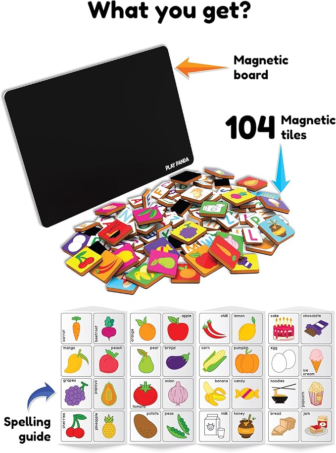 Magnetic Educational Toys for Kids Aged 3 4 5 6 – Learn to Spell Foods| 104 Magnet Pieces – 32 Picture & 72 Letter with Magnetic Board & Spelling Game Guide | Preschool Learning Toy for Girls & Boys