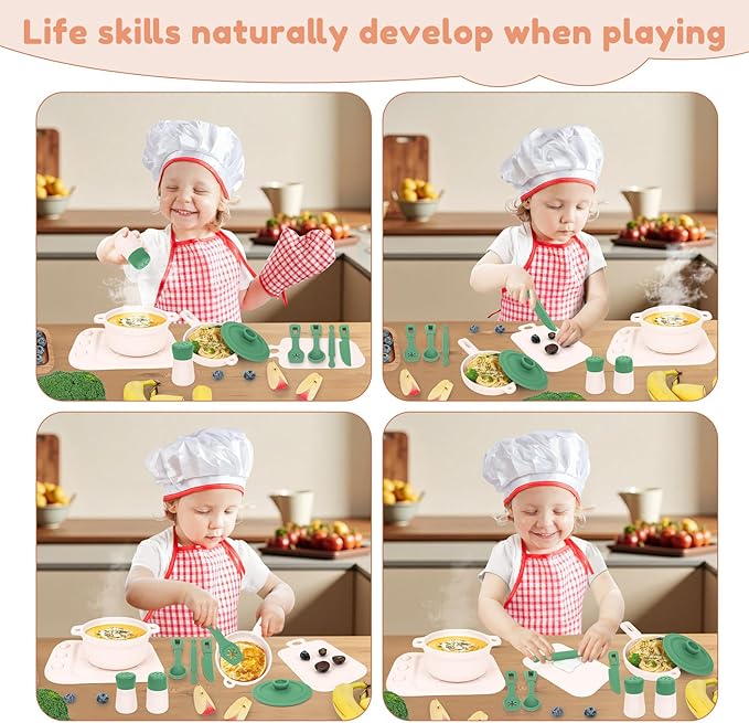 TYRY.HU Play Kitchen Accessories, 11Pcs BPA Free Silicone Pretend Play Food Sets,Play Kitchen Set,Play Kitchen Cooking Utensils Pots & Pans,Pretend Role Play Cooking Toys Gifts for Toddlers 1-3,Green