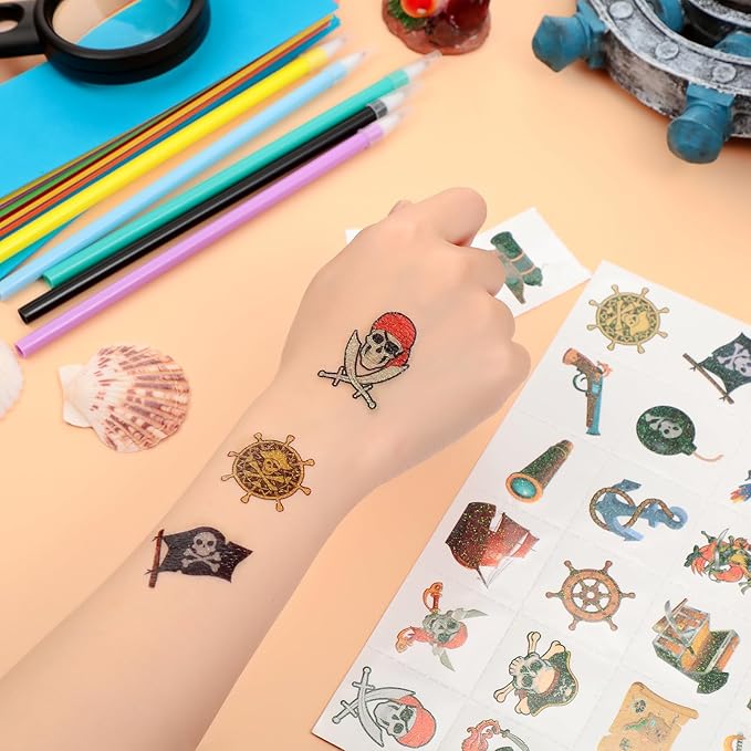 Landhoow 240 Pcs Pirate Tattoos Temporary for Kids Glitter Face Tattoos Cool Body Sticker Costume Accessory for Adults Boys Girls Party Favor