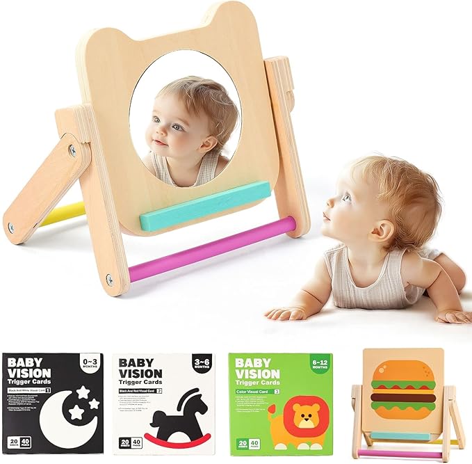 Rotating Baby Safe Mirror with 120 Pages Visual Stimulation Cards - Wooden Tummy Time Mirror Toys - Black White Red and Color High Contrast Baby Flashcards for Brain and Cognitive Development