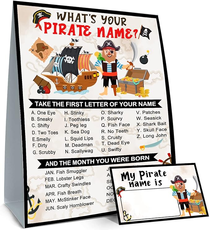 What is Your Pirate Name Game, Game Sign and 30 Cards, Pirate Birthday Party Sign for Boys, Holiday Activity, Pirate Activity Cards Ideas Decoration Supplies