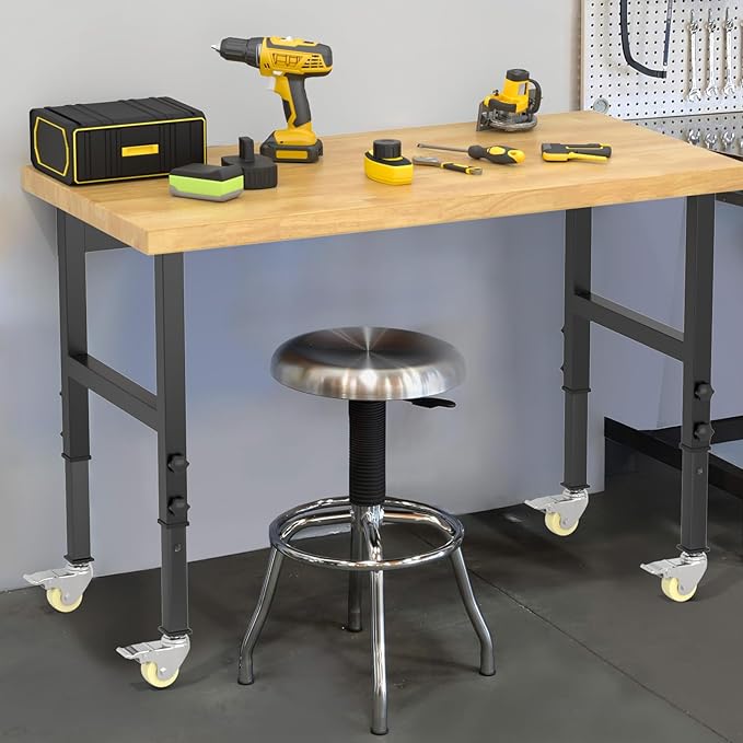 48' Adjustable Solid Wood Workbench with Wheels, Large Load Capacity Rolling Workbench, Heavy Duty Metal Tool Work Bench Table for Garage, Workshop, Office, Home