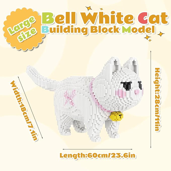 Animal White Striped Bell Cat Micro Mini Building Blocks Sets Large Cute Cat Building Kits Model Toys Gift Adults Kids Teens 5760 PCS