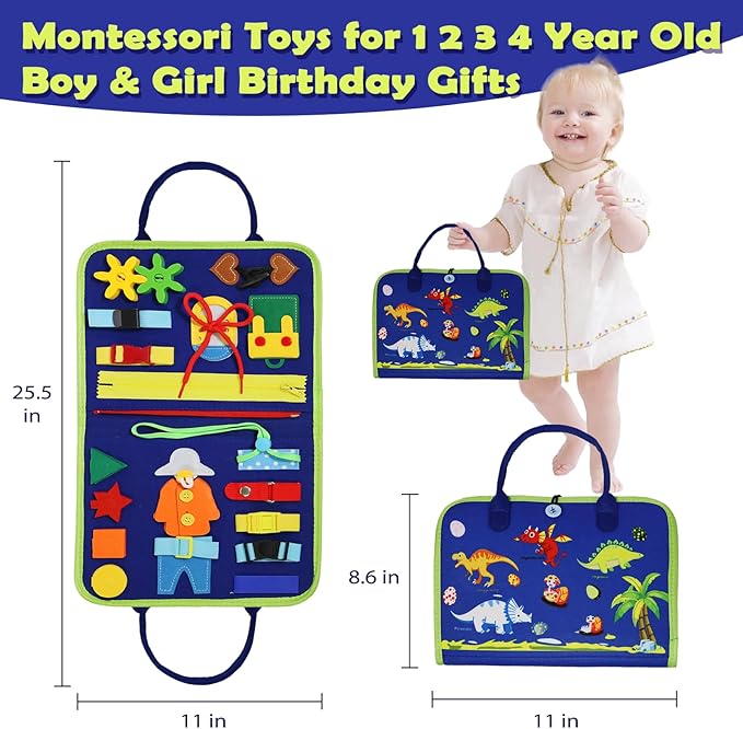 MAJAVI Busy Board Montessori Toys for 1 2 3 4 Year Old, Busy Book for Toddlers 1-3 Boys Girls Birthday Gifts, Sensory Educational Activities Travel Toys for Learning Fine Motor Skills, Blue-3 Pages