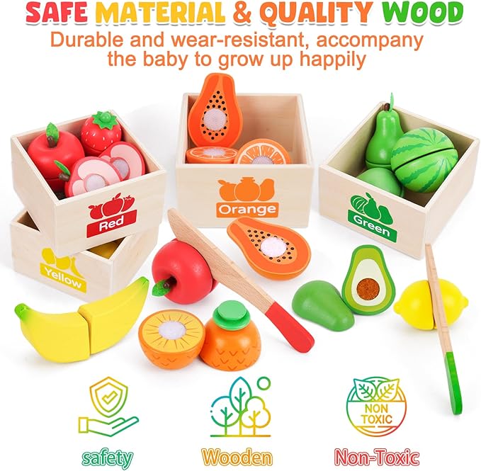 ATOYUS Wooden Play Food Set Toys for Toddlers 1-3, Kids Toy Play Kitchen Accessories, Cutting Fruits Pretend Food with Storage Boxes, Christmas Birthday Gifts for 1 2 3 Year Old Baby Boys Girls