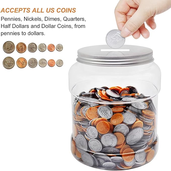 Large Clear Coin Bank Jar with Slotted Lid, Big Plastic Money Tip Change Savings Coin Jar for Piggy Bank or Raffle Ticket, Clear Money Coin Tip Piggy Change Bank Box for Adults Teens Kids