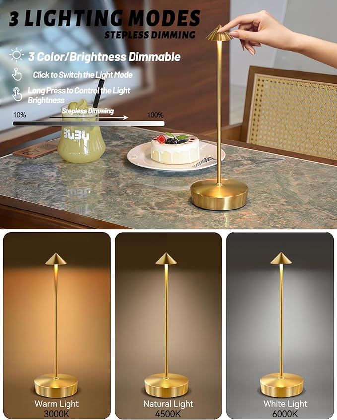 2 Packs Gold Cordless Rechargeable Table Lamp 7200mAh Portable Touch Control Led Waterproof Golden Table Lamp for Bedroom Reading